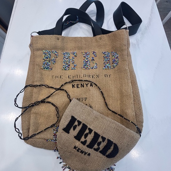 Feed Handbags - FEED Kenya Natural Jute Tote with Multicolor Beading plus small crossbody bag